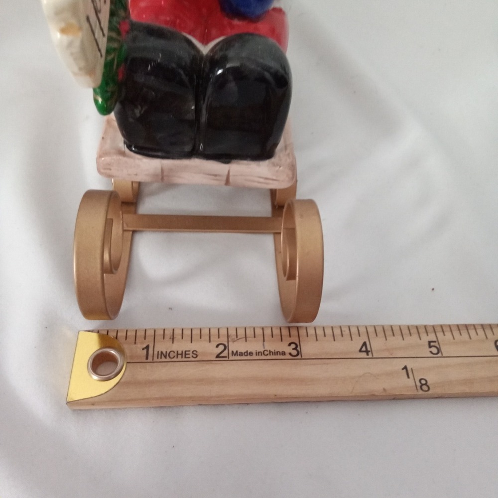 Vintage Style Ceramic Santa Claus on Gold Metal Sled Figurine Ho Ho Ho Sign 8in - Picture 6 of 7